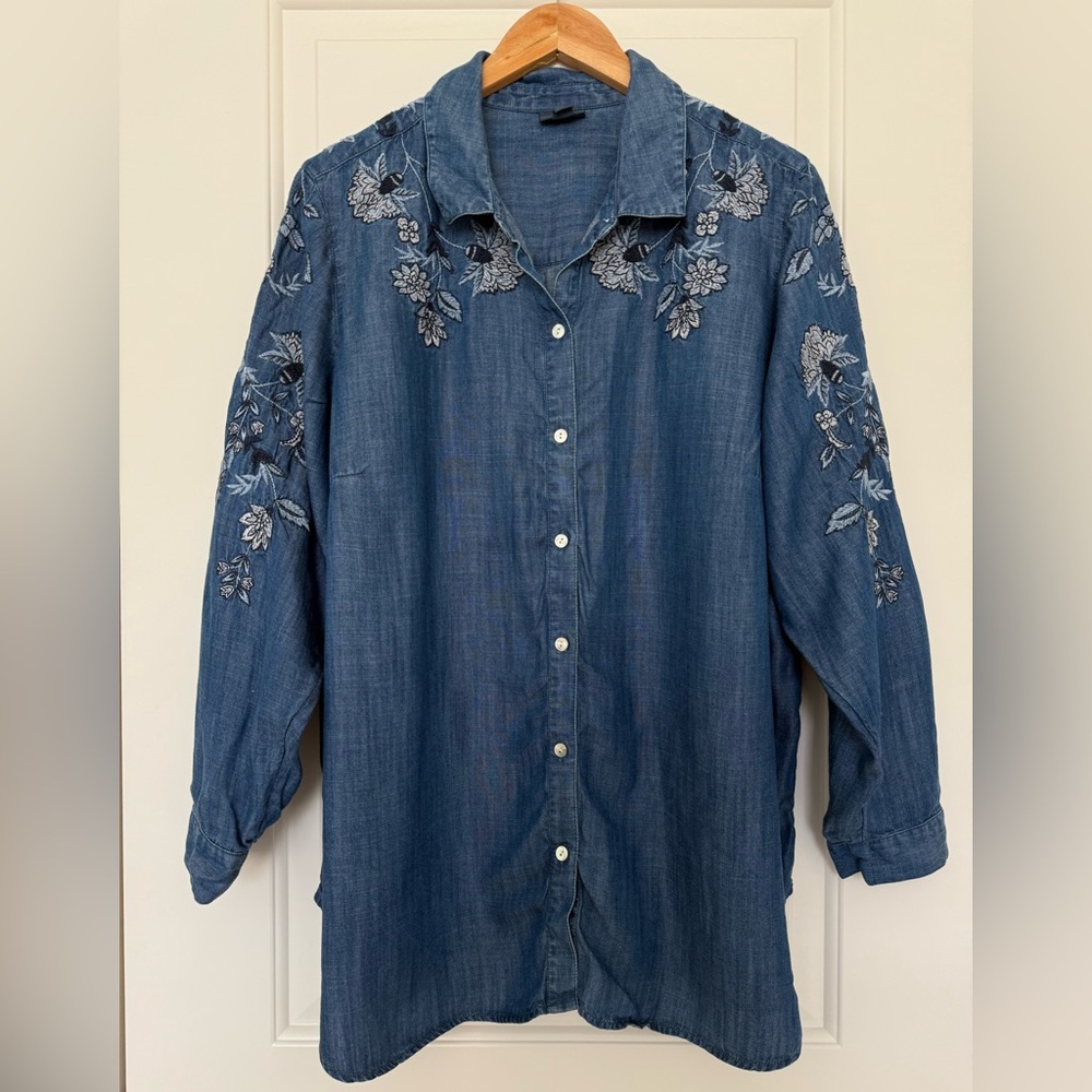 J. Jill Blue Button Down Shirt with Floral Embroidery